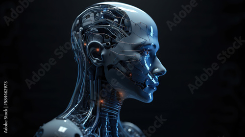 Artificial intelligence robot head viewed from the side on a black background  generative ai