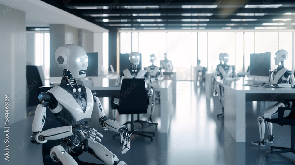 Fototapeta premium Artificial intelligence robots sitting in an office, AI taking over human jobs, generative ai