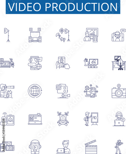Video production line icons signs set. Design collection of Cinematography, Filming, Editing, Animating, Directing, Sound Effects, Music, Lighting outline concept vector illustrations