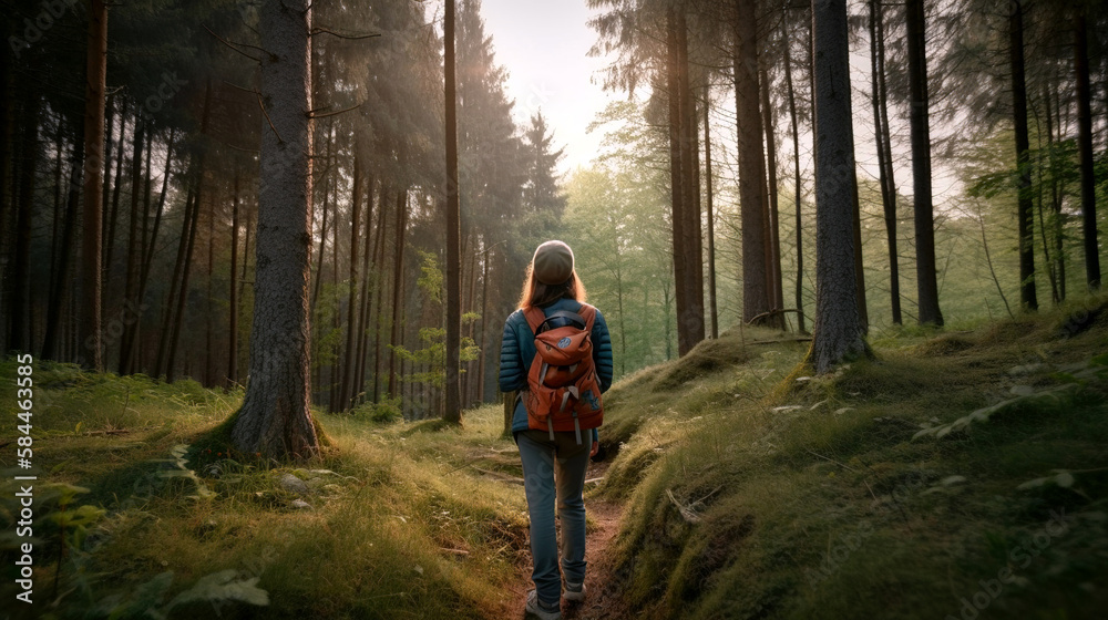 A woman hiking on a forest path, viewed from behind, generative ai