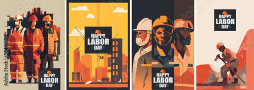 Labor Day. Vector illustration of builders, construction site, workers and work for poster, background or greeting card photo