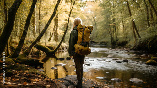 A woman with a backpack hiking in a forest and standing in front of a river, generative ai