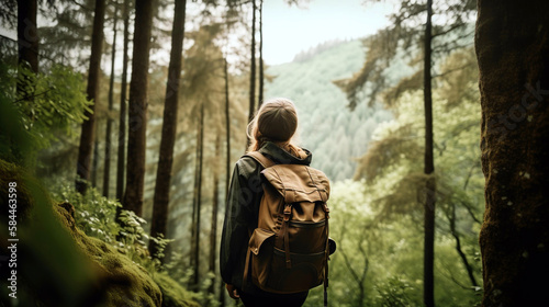 A woman with a backpack hiking in a beautiful forest, viewed from behind, generative ai
