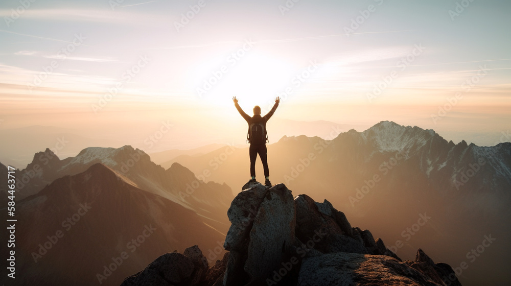 A person standing on top of a mountain with hands raised and looking into a beautiful sunset, generative ai