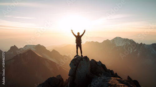 A person standing on top of a mountain with hands raised and looking into a beautiful sunset  generative ai