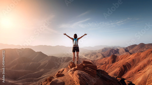 A woman with raised hands on top of a desert mountain, generative ai