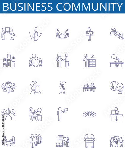 Business community line icons signs set. Design collection of Business, Community, Networking, Connecting, Engaging, Collaborating, Interacting, Linking outline concept vector illustrations