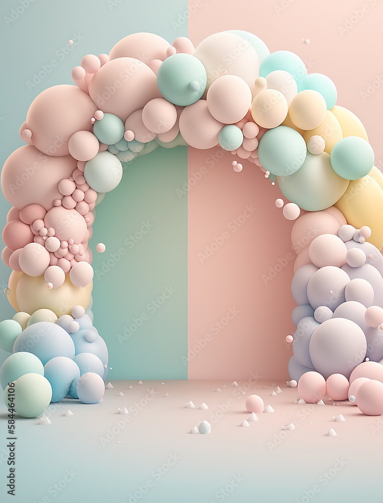 illustrazione di interno con arco di palloncini in colori pastello ideale  per sovrapposizione o sfondo digitale per foto di bimbi o compleanni,  creato con intelligenza artificiale Illustration Stock | Adobe Stock