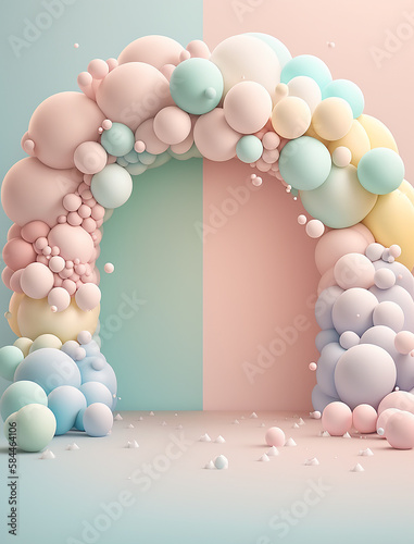 illustrazione di interno con arco di palloncini in colori pastello ideale per sovrapposizione o sfondo digitale per foto di bimbi o compleanni, creato con intelligenza artificiale
 photo