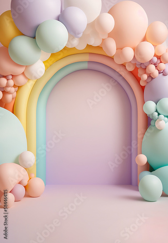 illustrazione di interno con arco di palloncini in colori pastello ideale per sovrapposizione o sfondo digitale per foto di bimbi o compleanni, creato con intelligenza artificiale
 photo