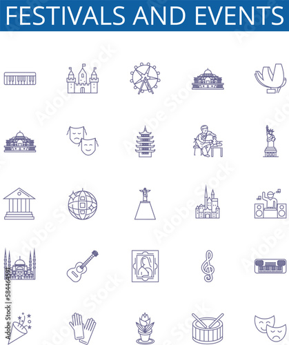 Festivals and events line icons signs set. Design collection of Parades, Galas, Concerts, Celebrations, Carnivals, Balls, Fairs, Carnivales outline concept vector illustrations photo