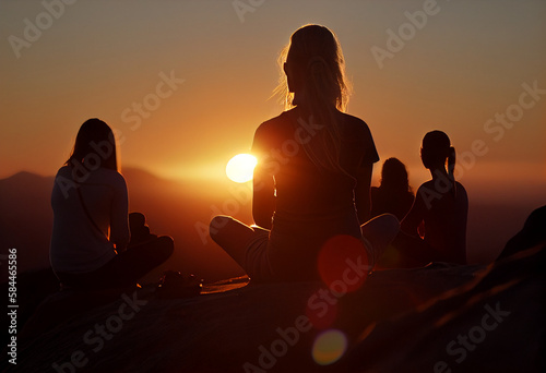 Meditating at sunset on the mountain created by AI