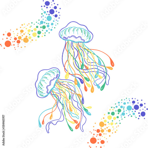 Graphic set of jellyfish. Color isolated vector. Colored jellyfish.