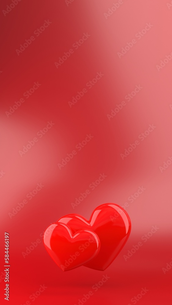 Two red shiny glossy hearts on a burgundy background. Phone wallpaper or postcard template for Valentine's Day, wedding or Women's Day. The concept of love. 3d rendering, vertical image
