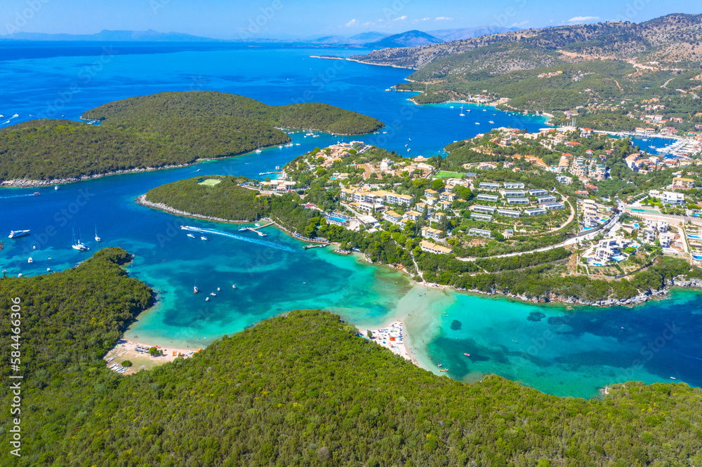 Aerial view of iconic paradise sandy beaches with turquoise sea in complex islands of Agios Nikolaos and Mourtos in Sivota area, Epirus, Greece