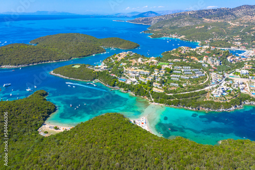 Obraz na płótnie Aerial view of iconic paradise sandy beaches with turquoise sea in complex islands of Agios Nikolaos and Mourtos in Sivota area, Epirus, Greece w salonie