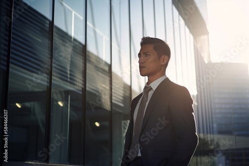 Handsome Asian well-dressed business man outside.