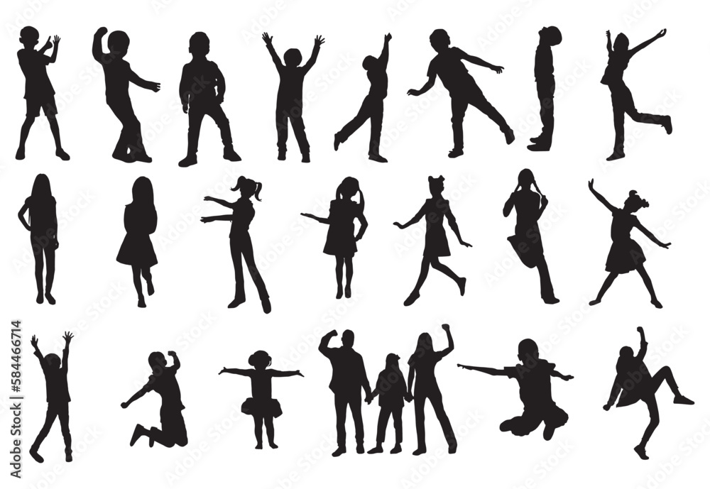 Collection Isolated fun Boy and Girl, Set Of Children in Silhouette Kids, Vector