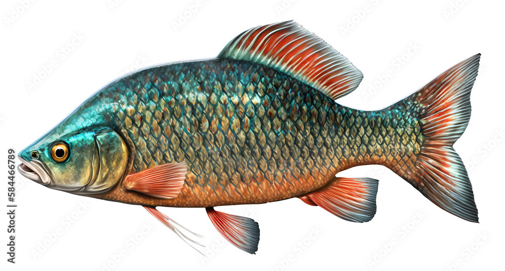 Isolated crucian carp, a kind of fish from the side. Live fish with flowing fins. River fish Isolated crucian carp, a kind of fish from the side. Live fish with flowing fins. River fish