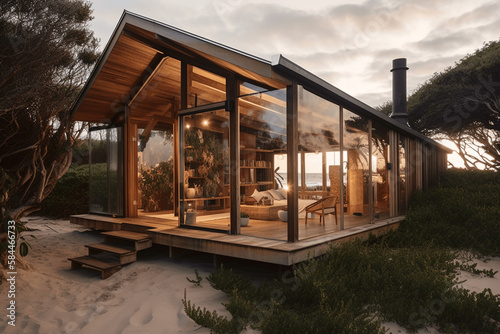 Glass and wood cottage on the beach Generative AI
