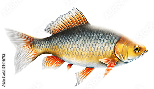 Isolated crucian carp, a kind of fish from the side. Live river fish with flowing fins