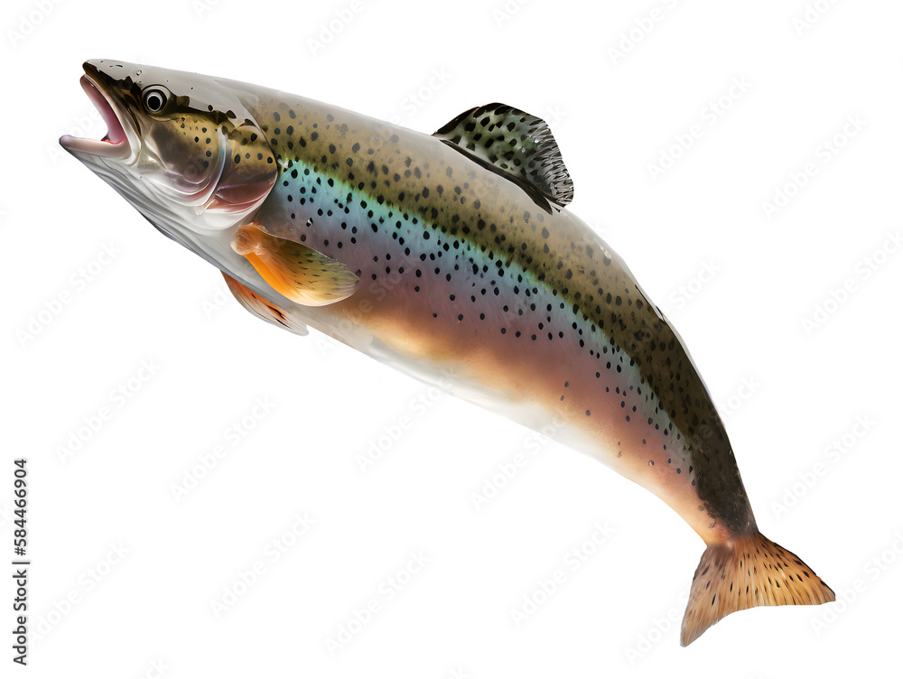 Obraz premium Jumping trout fish isolated, illustration for fishing jumping out of water PNG cutout
