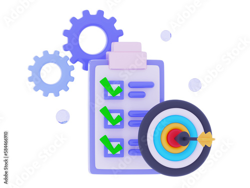 3D Productivity solution Clipboard with checklist Todo check list Arrow hitting target darts Execution of plan Task management Fast summary Assignment and exam 3D rendering illustration minimal style