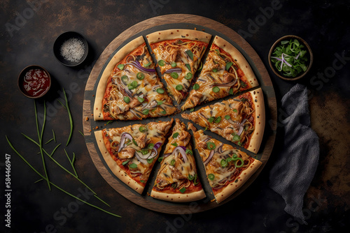 juicy pizza italian food on a round, wooden tray and on a dark background. ai generative