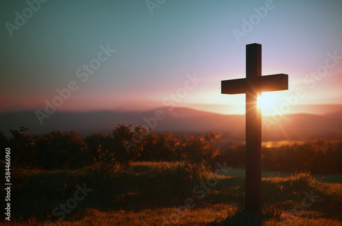 Christian cross in countryside at sunset. Christian cross in nature at sunrise. Generative AI.