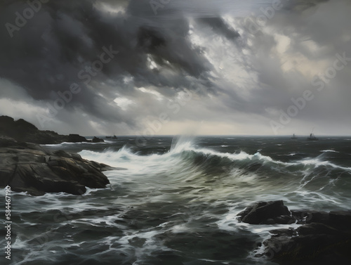 Storm in the ocean, oil paint. Generative AI © PIRMYN