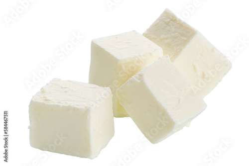 Tableau sur toile Cubes of feta cheese are isolated on a white background.