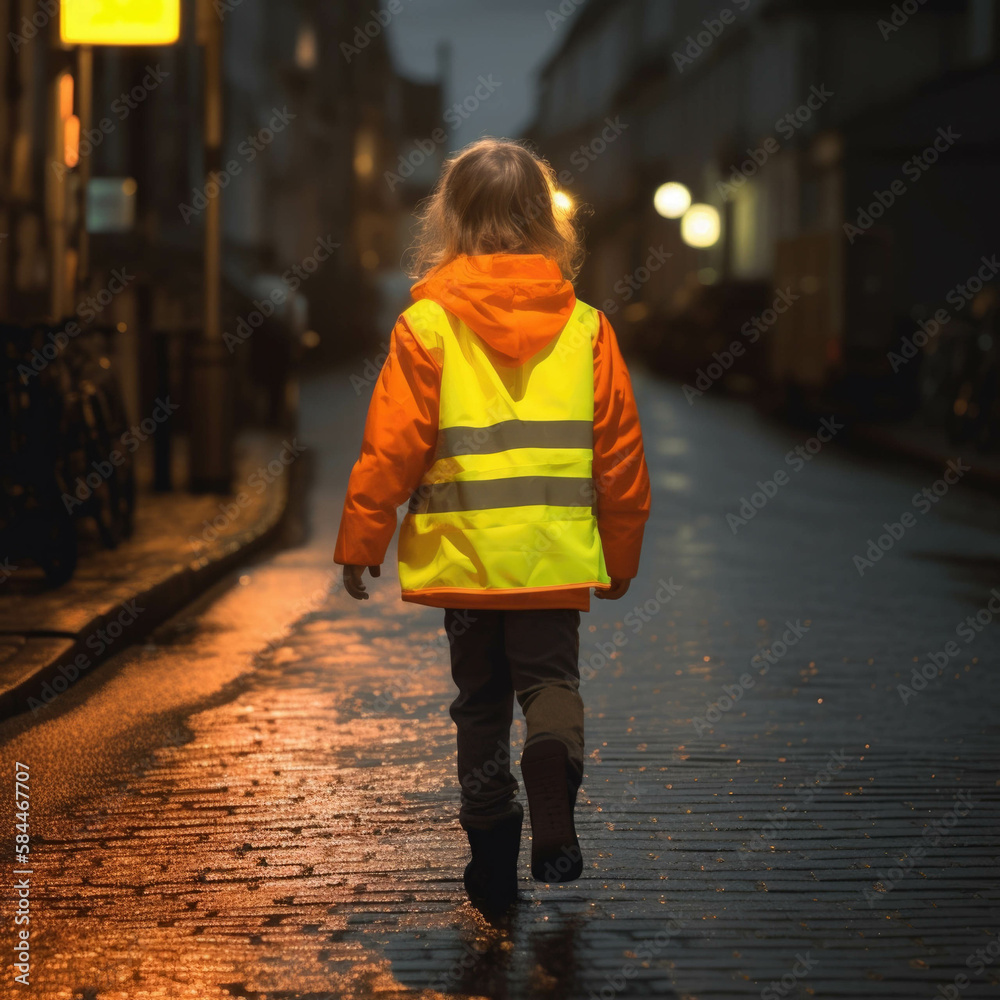 A child wearing reflective clothing while walking aware of their safety. AI generation.