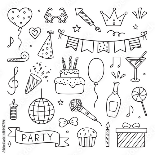 Set of party doodle. Sketch of Birthday decoration, gift box, cake, party hats in sketch style. Hand drawn vector illustration isolated on white background.