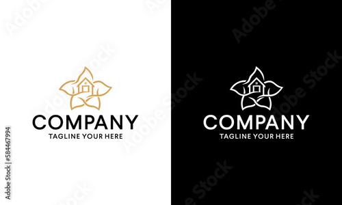 Lotus Flower House Logo Vector Design on a black and white background.