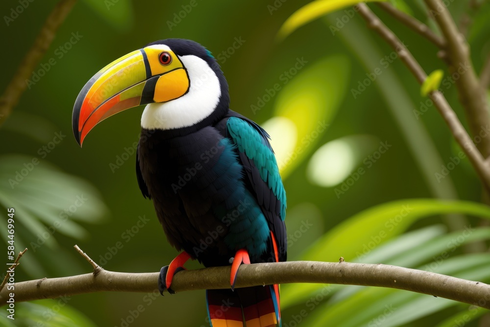 Fototapeta premium Toucan tropical exotic bird from the rainforest with its iconic yellow orange beak sitting on the branch of a tree surrounded by greenery, generative ai