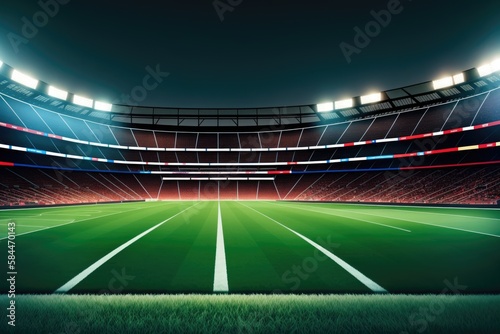 Large football stadium with lots of empty seats and evening lighting, generative ai © Aleksandr