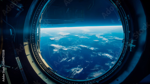 View of the earth through window of space station. Generative AI.