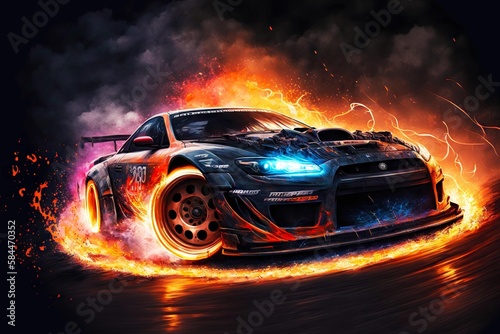 motorsport sports Racing Car with Wheels on Fire Extreme Racing, generative ai, created with generative ai