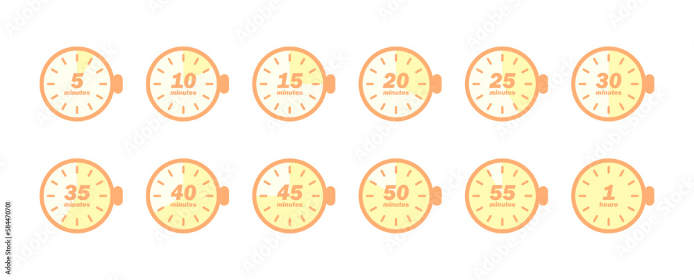 Set d'icônes de minuteurs et chronomètres / Icônes de minuteurs / 5, 10, 15, 20, 25, 30, 40, 50, 55 minutes et 1 heure / Orange pastel
