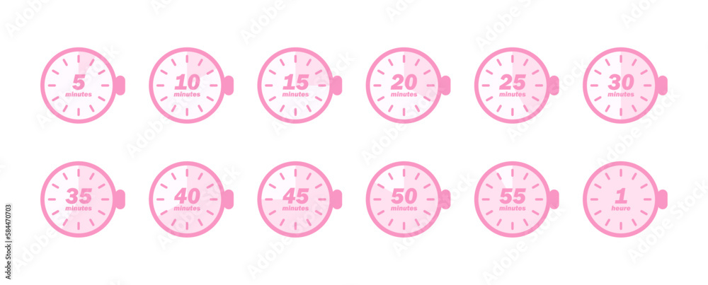Set d'icônes de minuteurs et chronomètres / Icônes de minuteurs / 5, 10, 15, 20, 25, 30, 40, 50, 55 minutes et 1 heure / Rose pastel