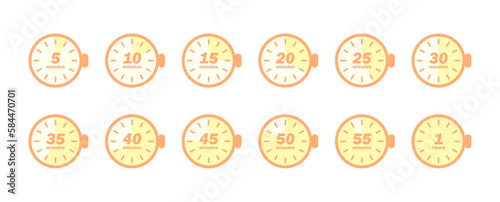 Set d'icônes de minuteurs et chronomètres / Icônes de minuteurs / 5, 10, 15, 20, 25, 30, 40, 50, 55 minutes et 1 heure / Orange pastel