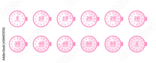Set d'icônes de minuteurs et chronomètres / Icônes de minuteurs / 5, 10, 15, 20, 25, 30, 40, 50, 55 minutes et 1 heure / Rose pastel