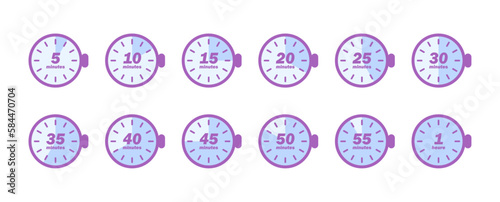 Set d'icônes de minuteurs et chronomètres / Icônes de minuteurs / 5, 10, 15, 20, 25, 30, 40, 50, 55 minutes et 1 heure / Violet pastel