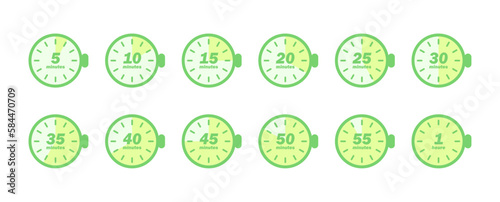 Set d'icônes de minuteurs et chronomètres / Icônes de minuteurs / 5, 10, 15, 20, 25, 30, 40, 50, 55 minutes et 1 heure / Vert pastel