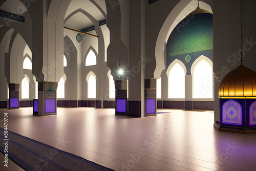 Islamic background painting. Mosque and shadows. Light rays from mosque window or door. Prayer s vision  generative ai. Muslim art.