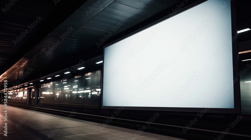 An empty blank billboard or advertising poster in a train station. Generative ai