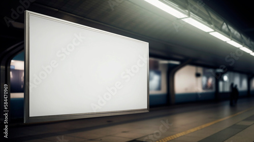 An empty blank billboard or advertising poster in a train station. Generative ai