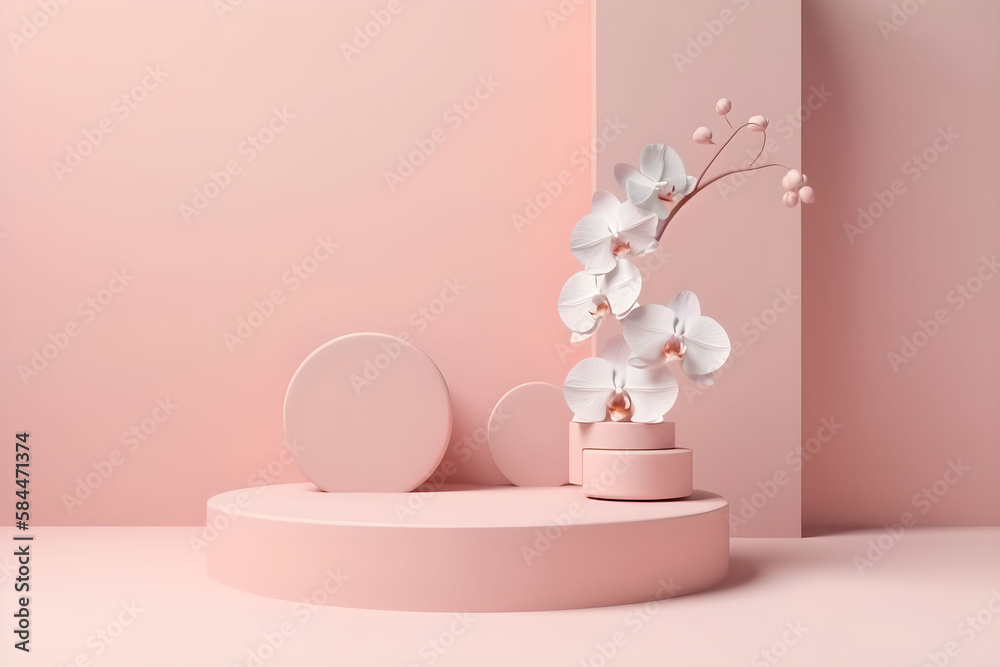 3D background, pedestal podium with orchid flowers. Pastel display showcase set for Beauty, Cosmetic product presentation template. Geometric minimal 3D render mockup. AI generated.