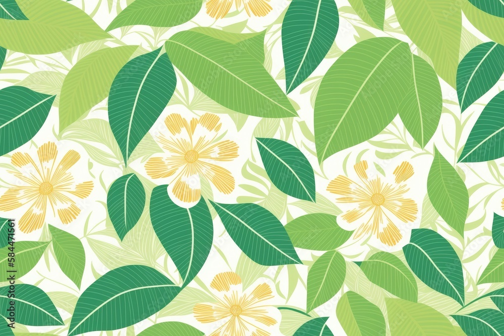 Ficus leaves pattern, flowers background. Seamless flat painting. Beautiful tribal generative ai art background Ficus leaves pattern, flowers background. Seamless flat painting. Beautiful tribal generative ai art background