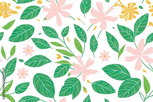 Ficus leaves pattern  flowers background. Seamless flat painting. Beautiful tribal generative ai art background